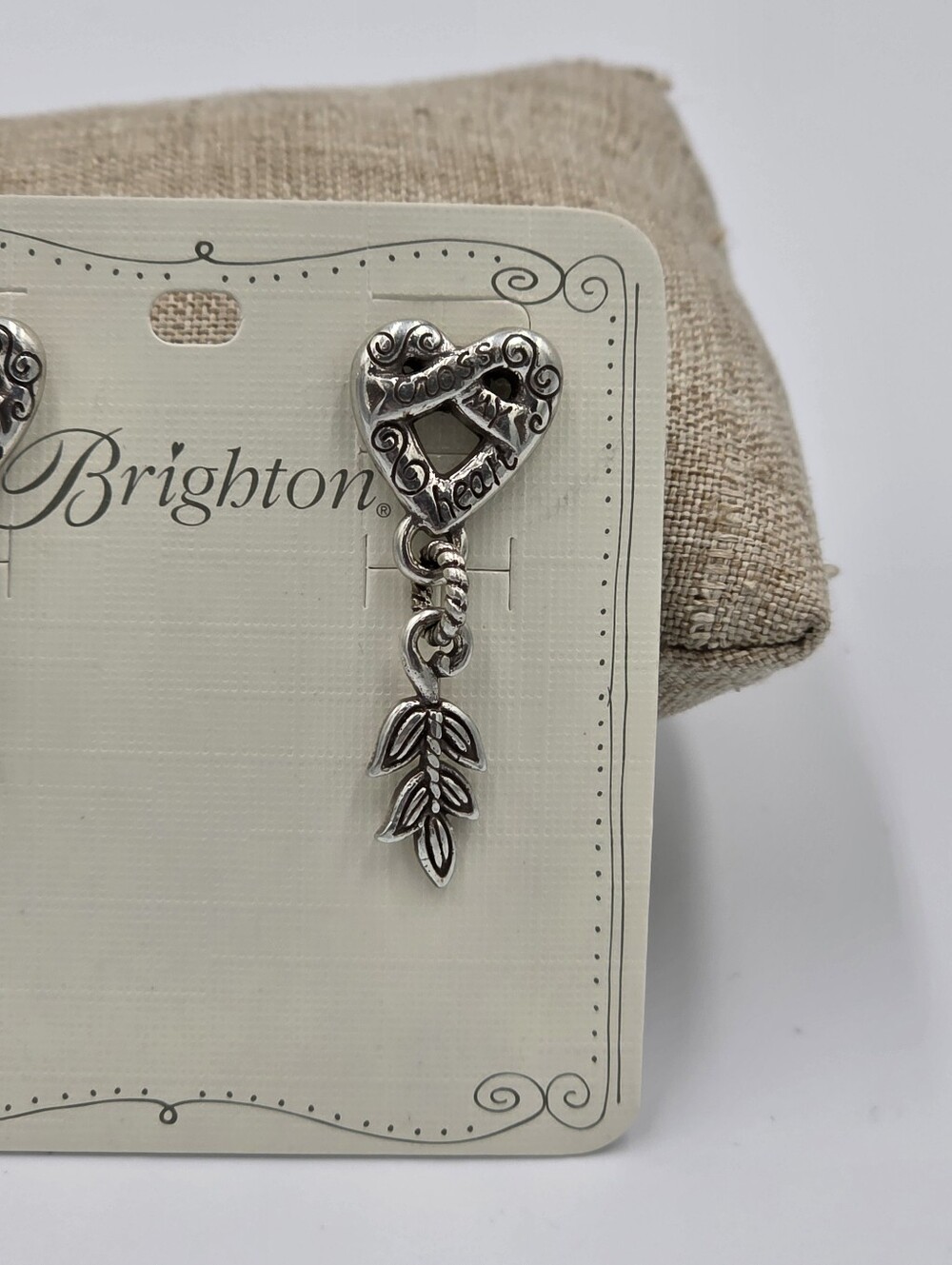 Brighton Silver Heart with Leaf Dangle Earrings Vintage Retired - Picture 2 of 4